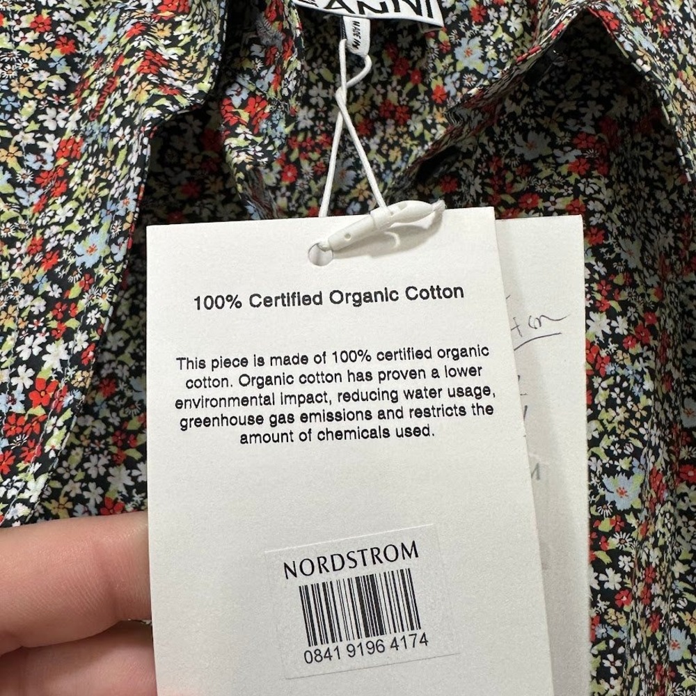 GANNI Womens Top Size 32 Placid Blue Floral Organic Cotton Puff Shoulder NEW - Picture 8 of 11